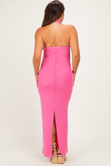 Pink Mesh Overlay Halter Maternity Maxi Dress