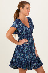 Blue Eyelet Embroidered Printed V Neck Dress
