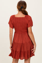 Rust Eyelet Embroidered V Neck Smocked Bodice Dress