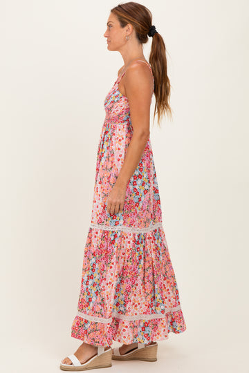 Pink Smocked Bust V Neck Lace Trim Maxi Dress