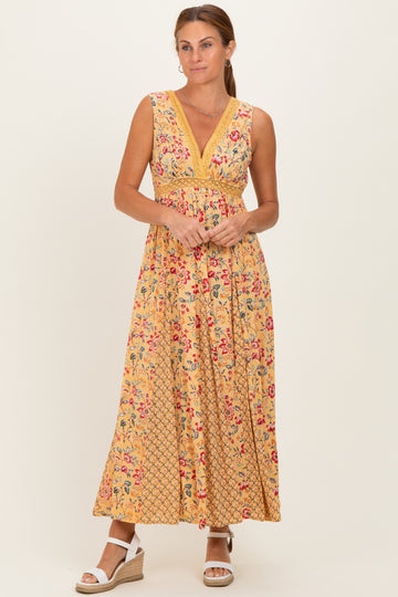Yellow V Neck Lace Trim Twin Print Maxi Tank Dress