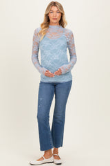 Light Blue Long Sleeve Floral Mesh Lace Semi Sheer Maternity Top