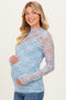 Light Blue Long Sleeve Floral Mesh Lace Semi Sheer Maternity Top