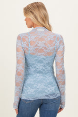 Light Blue Long Sleeve Floral Mesh Lace Semi Sheer Maternity Top