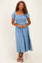 Light Blue Chambray Plus Floral Embroidery Smocked Midi Dress