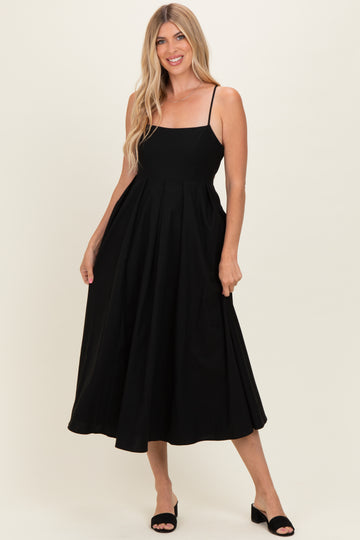 Black Linen Sleeveless Tie Back Flared Midi Dress