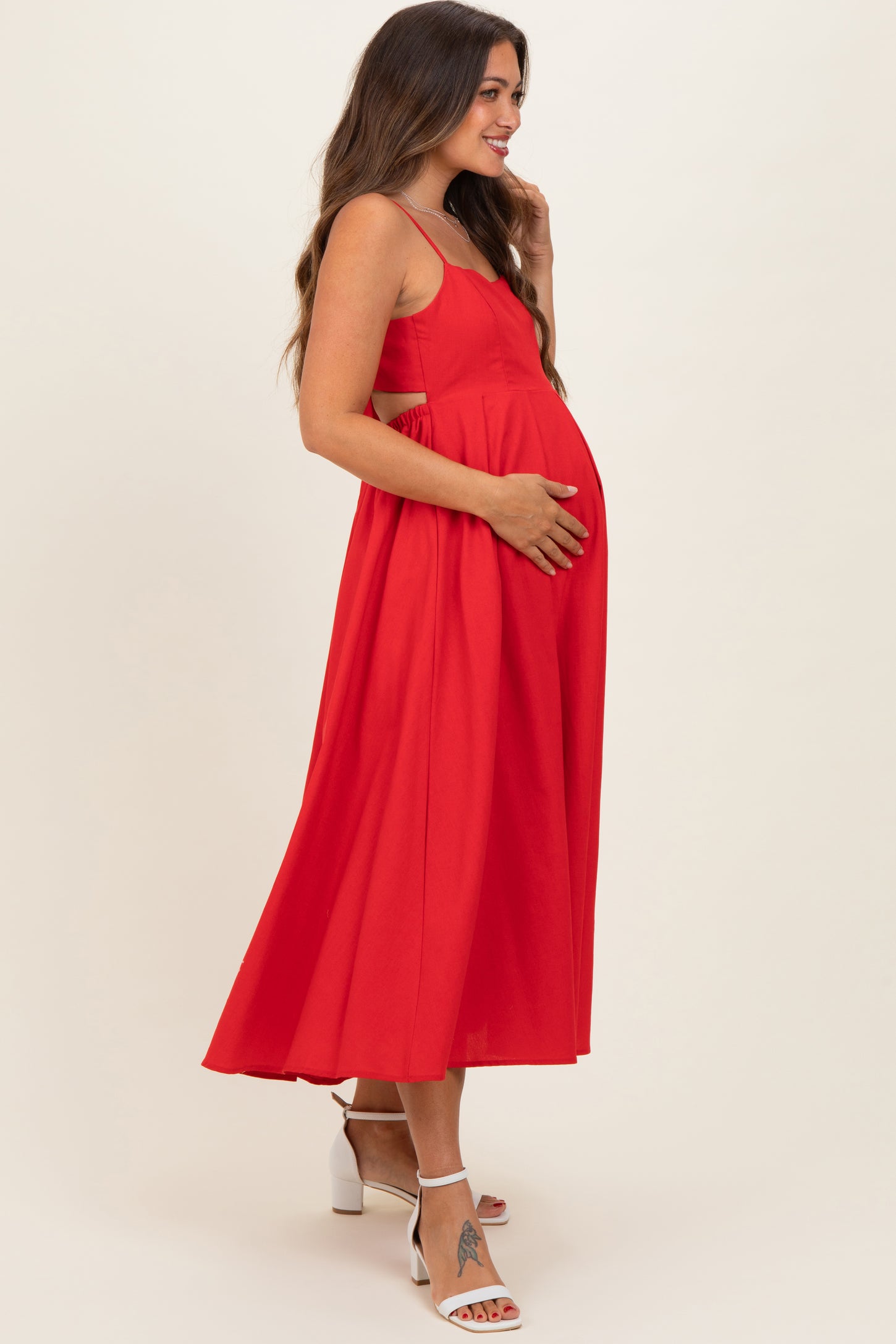 Red Linen Sleeveless Tie Back Flared Maternity Midi Dress