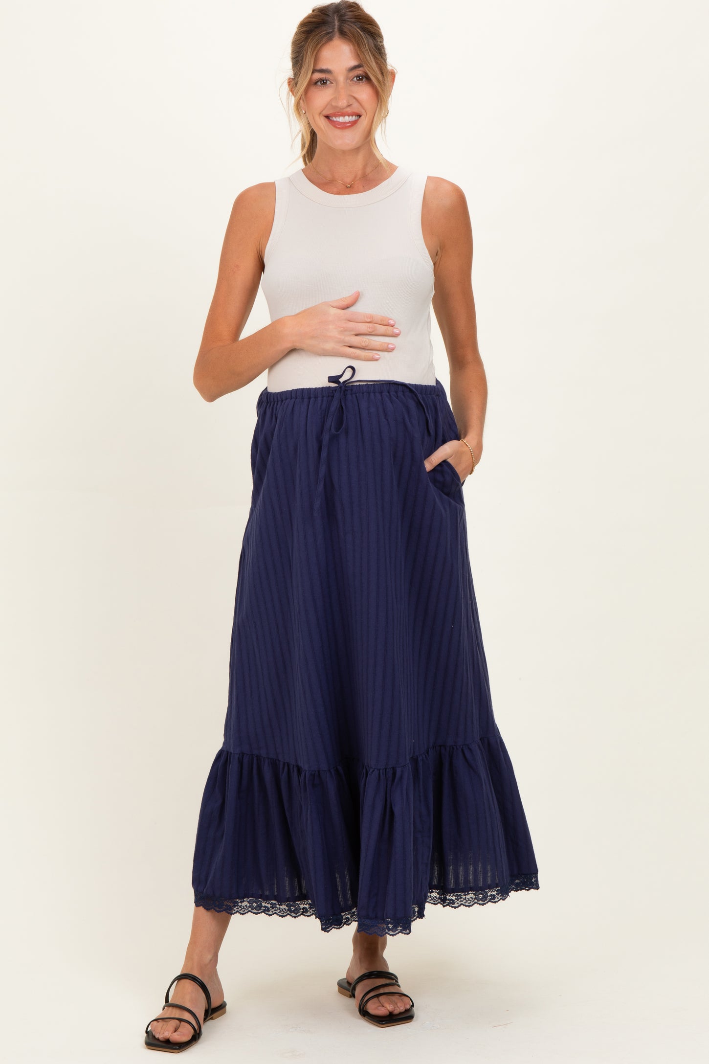 Navy Striped Lace Trim Maternity Midi Skirt