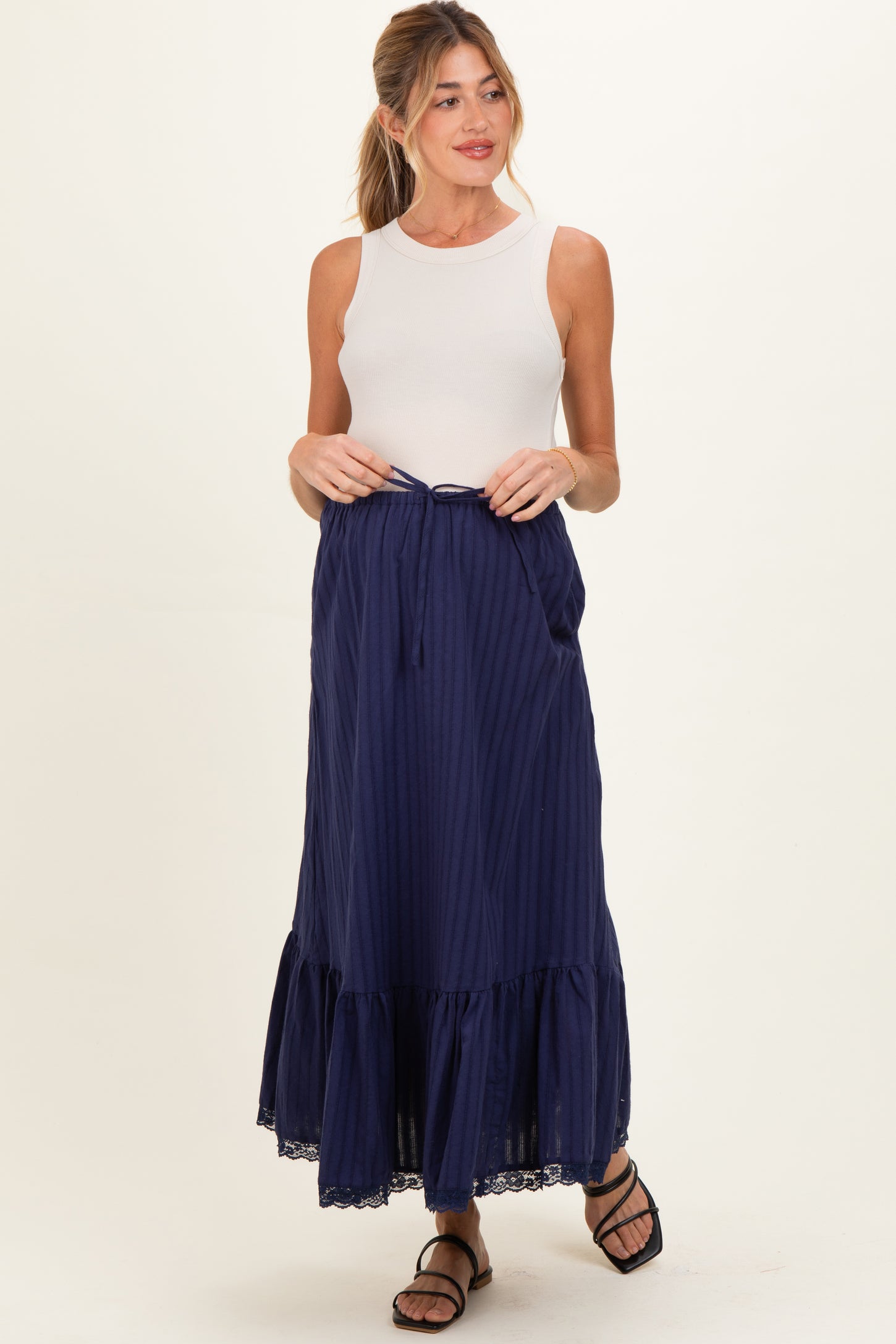 Navy Striped Lace Trim Maternity Midi Skirt