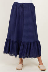 Navy Striped Lace Trim Midi Skirt