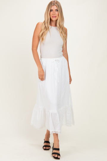 Ivory Striped Lace Trim Midi Skirt