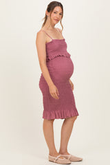 Mauve Smocked Ruffle Hem Maternity Dress
