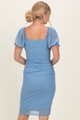 Blue Polka Dot Mesh Square Neck Puff Sleeve Dress