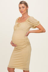 Yellow Polka Dot Mesh Square Neck Puff Sleeve Maternity Dress