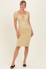 Yellow Polka Dot Mesh Square Neck Puff Sleeve Maternity Dress