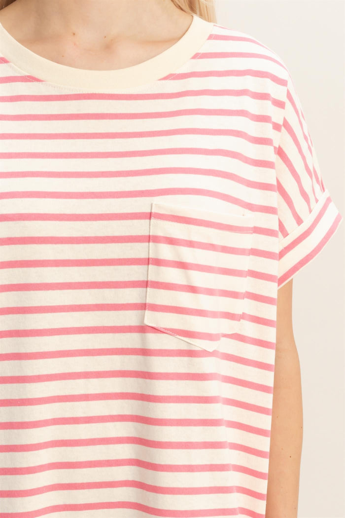 woman wearing a pink and cream striped t-shirt with a pocket on the chest