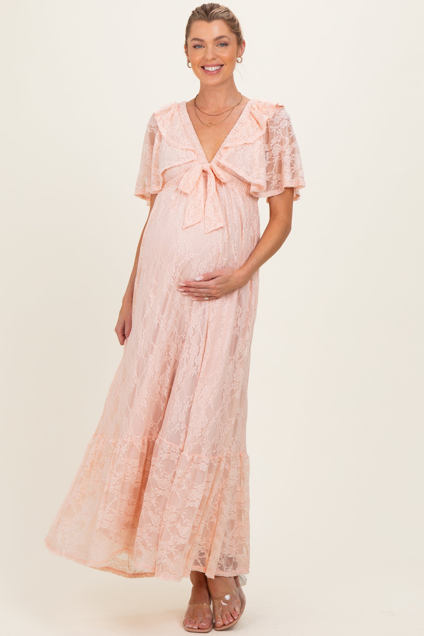 Peach Lace Flutter Sleeve Tiered Maternity Maxi Dress