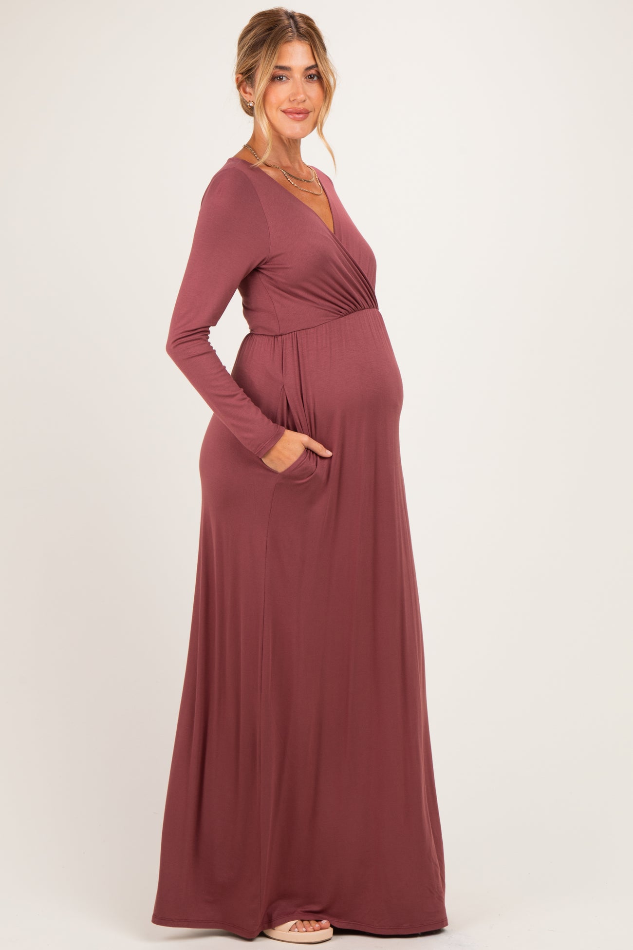 Burgundy Long Sleeve Maternity Nursing Maxi Dress