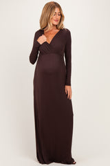 Brown Long Sleeve Maternity Nursing Maxi Dress
