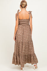Mocha Floral Shoulder Tie Maternity Maxi Dress