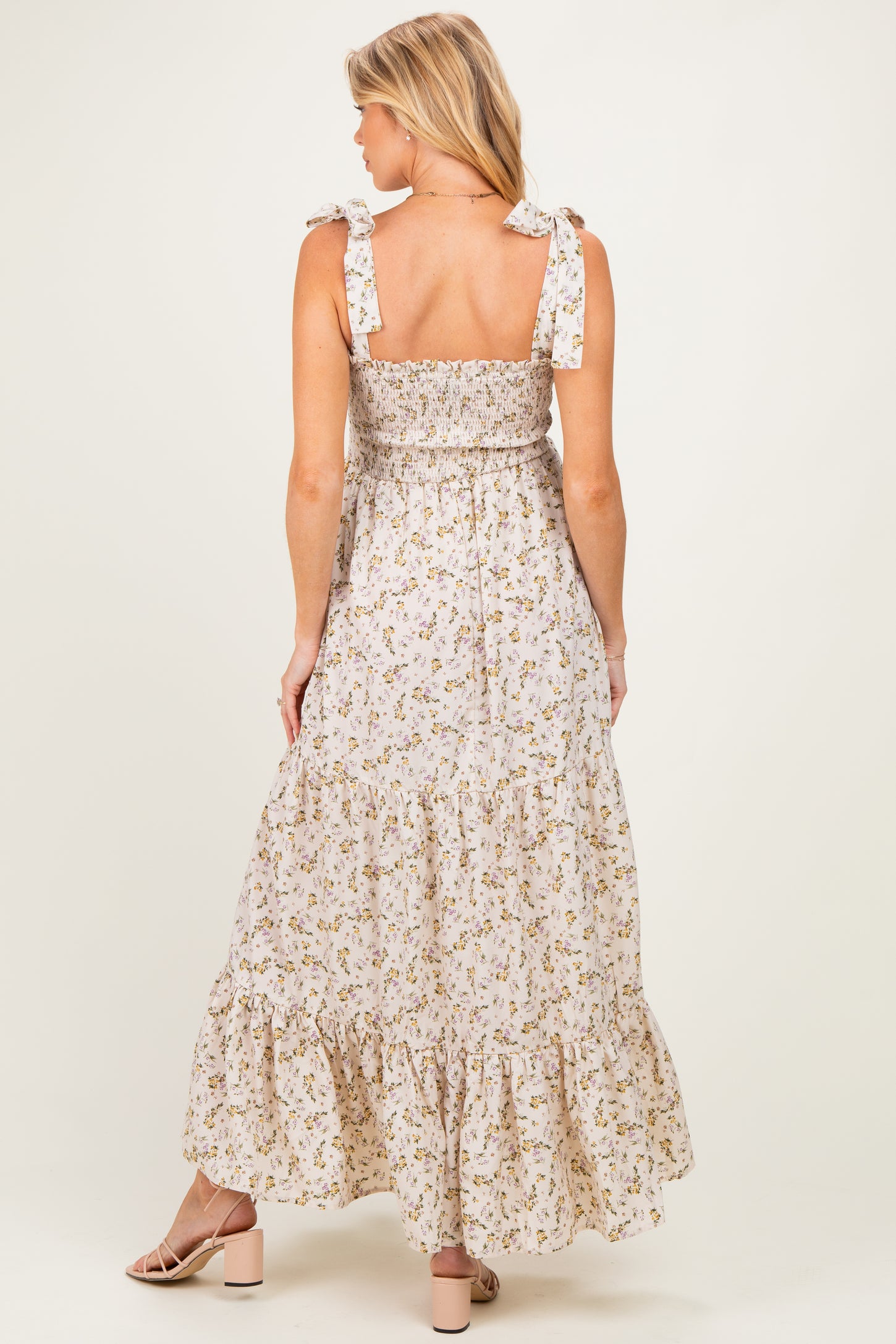 Cream Floral Shoulder Tie Maternity Maxi Dress