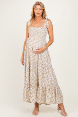 Cream Floral Shoulder Tie Maternity Maxi Dress