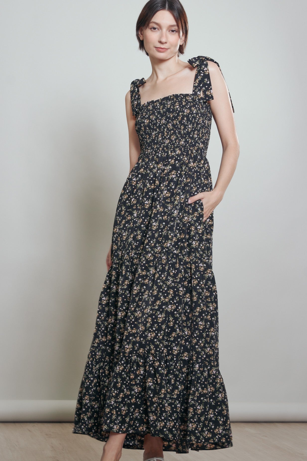 Black Floral Shoulder Tie Maxi Dress