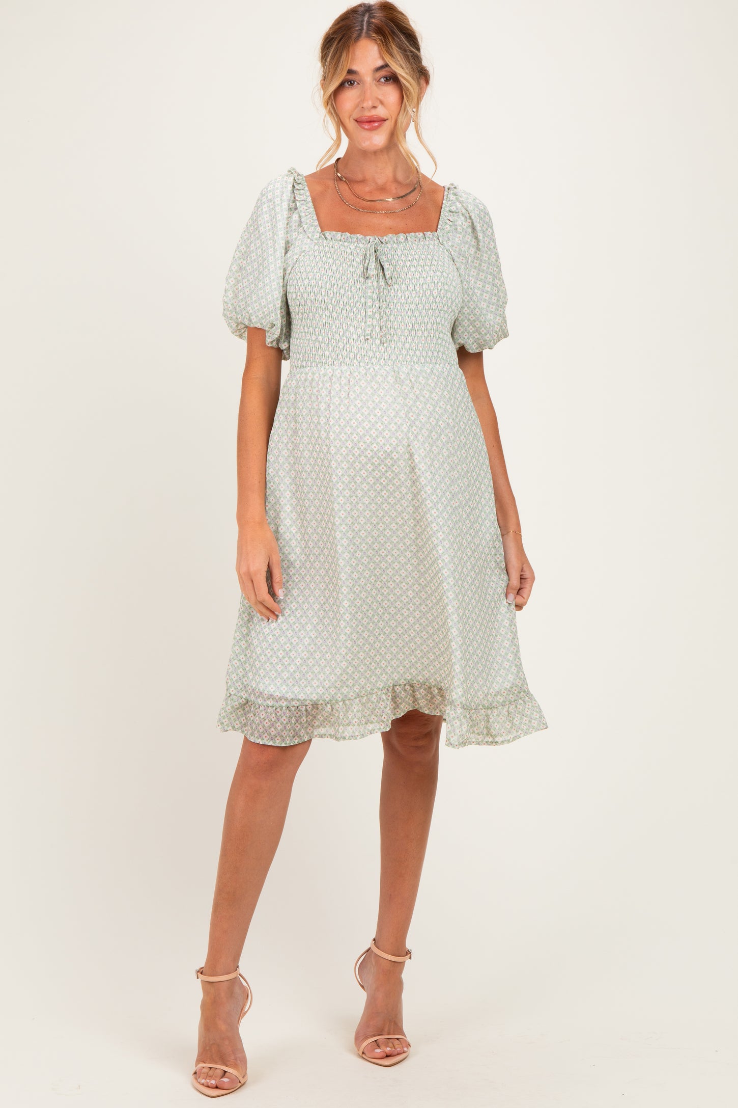 Sage Printed Smocked Ruffle Accent Maternity Dress