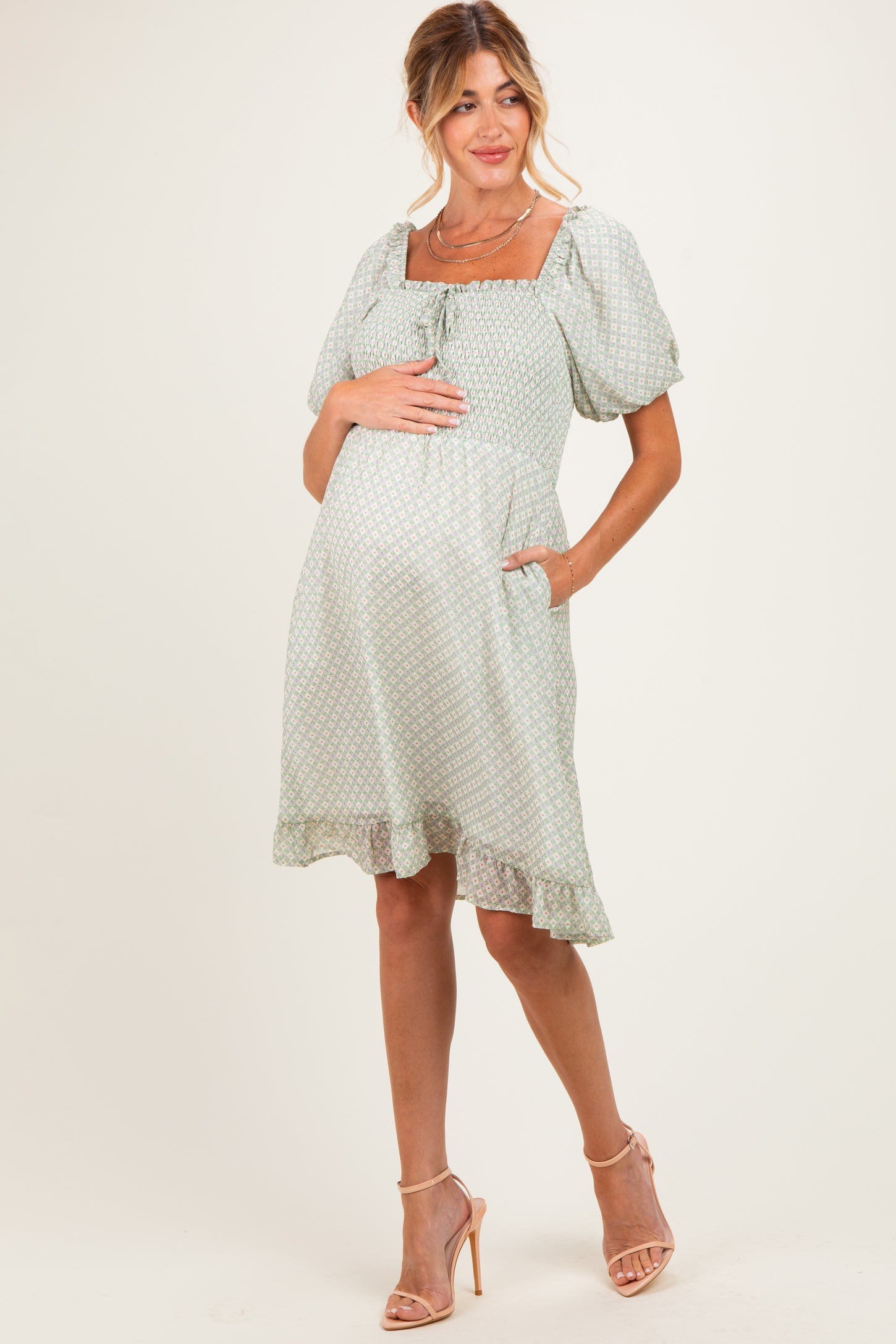 Sage Printed Smocked Ruffle Accent Maternity Dress