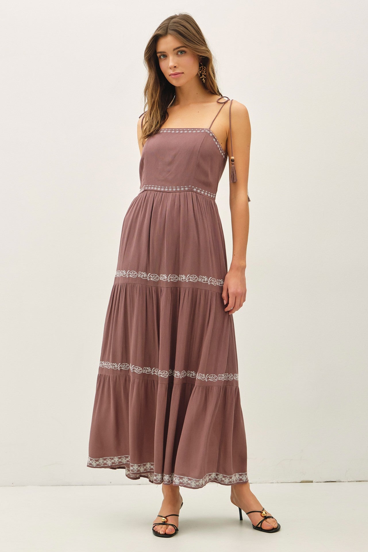 Brown Embroidered Tiered Maxi Dress