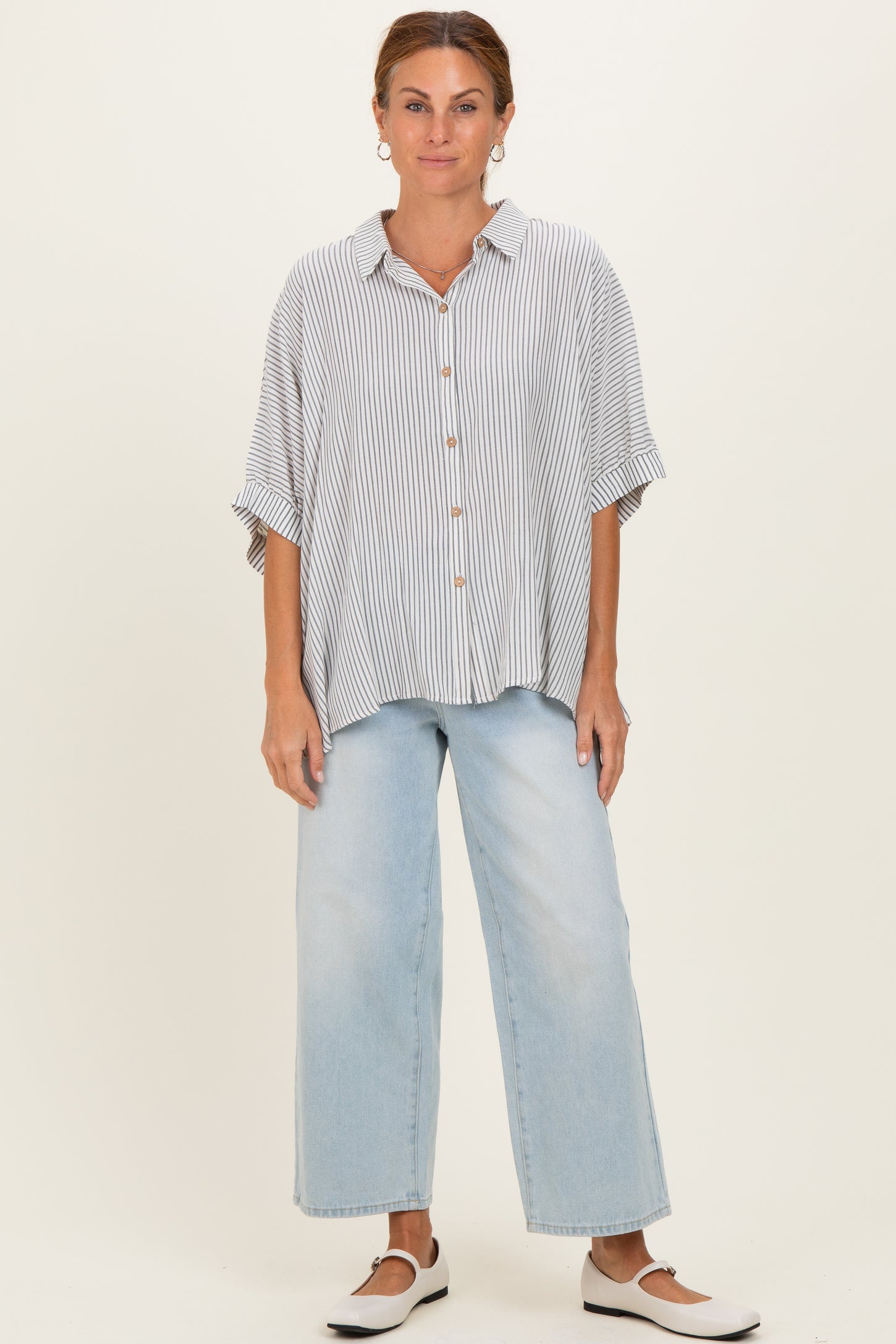 Black Striped Boxy Button Down Top