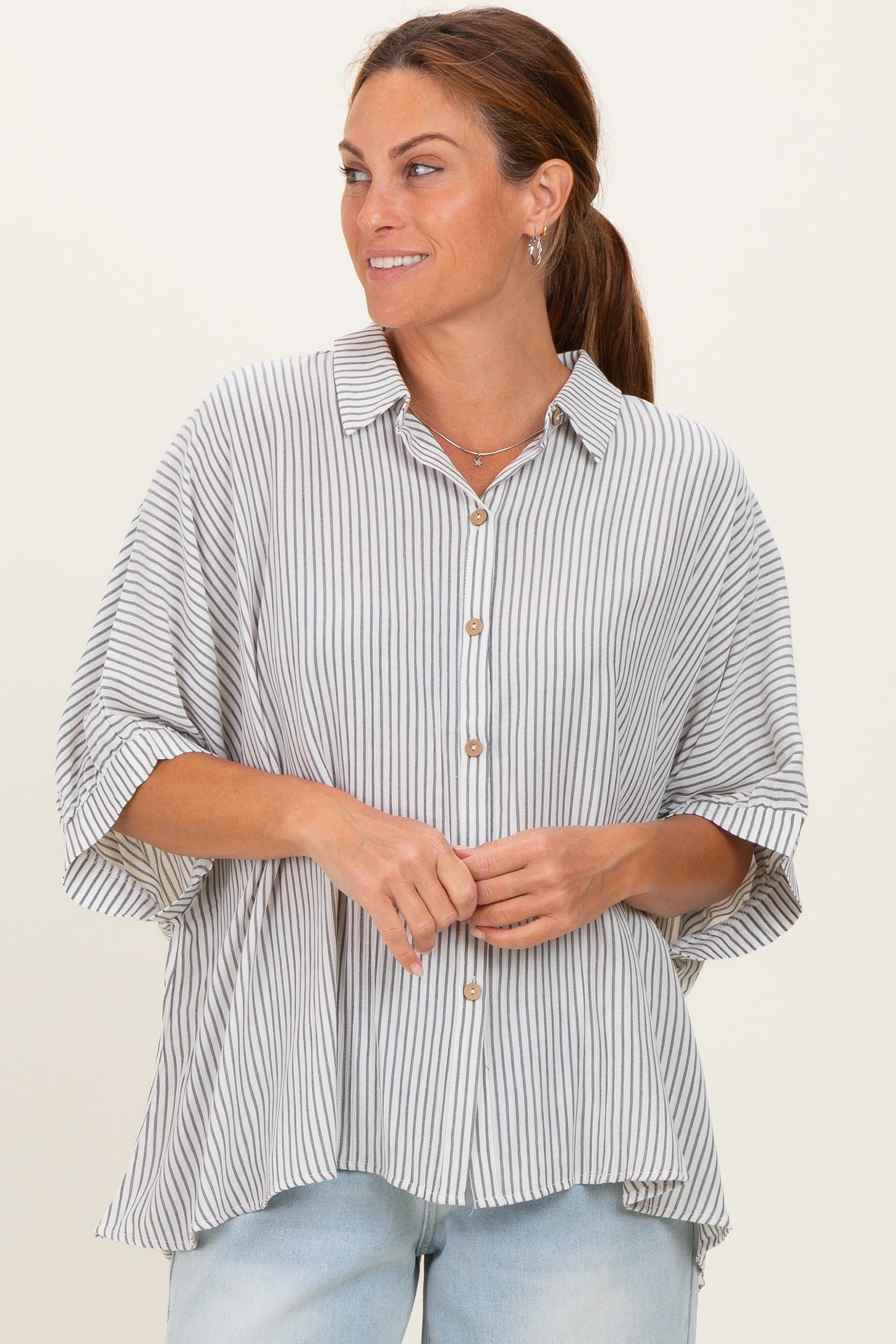 Black Striped Boxy Button Down Top