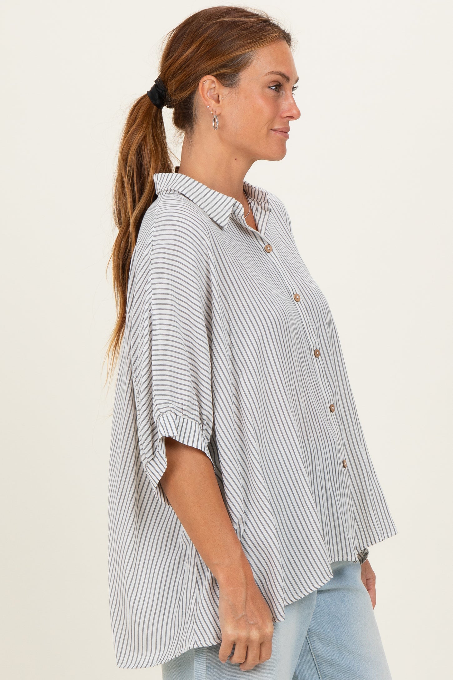 Black Striped Boxy Button Down Top