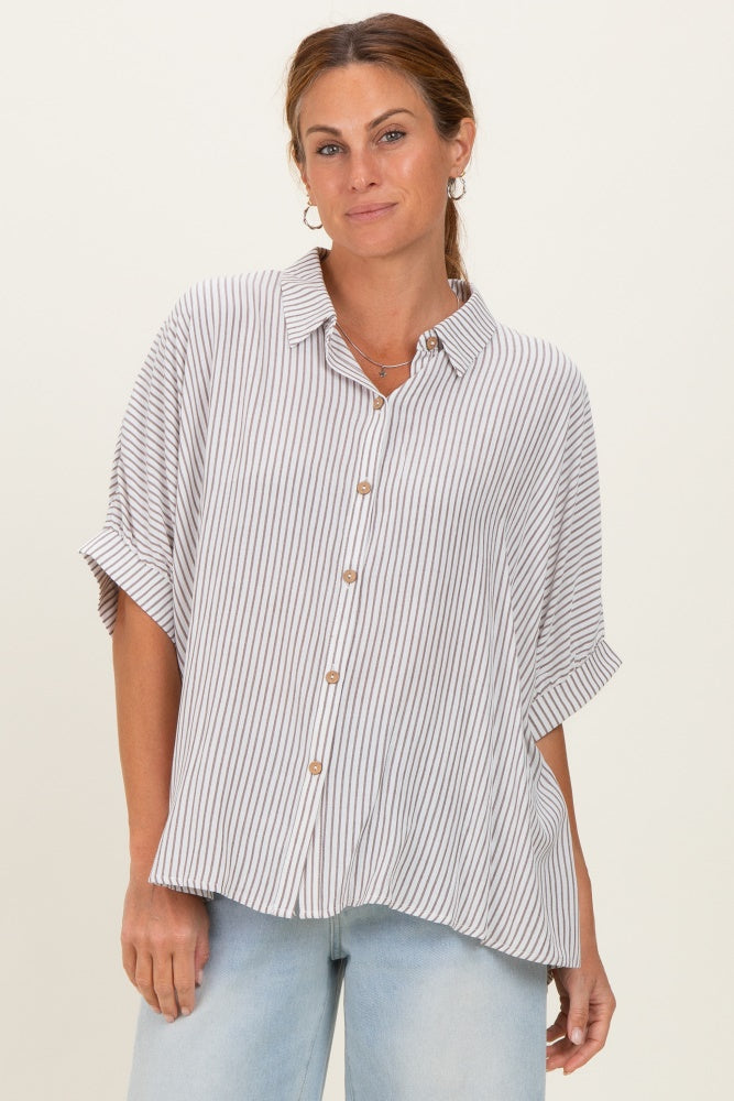 Brown Striped Boxy Button Down Top