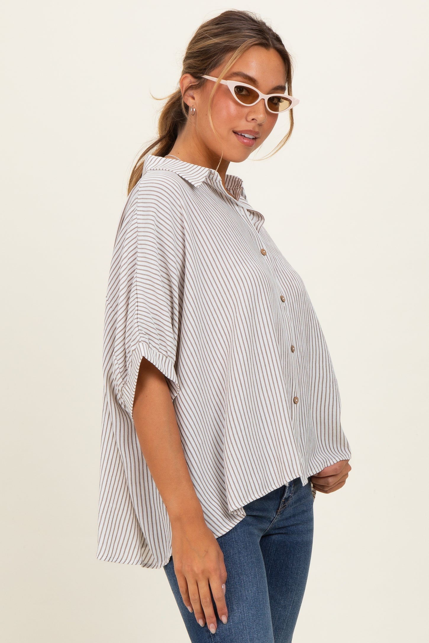 Taupe Striped Boxy Button Down Top