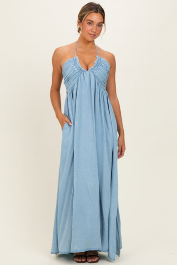 Light Blue Pleated V-Neck Maxi Dress