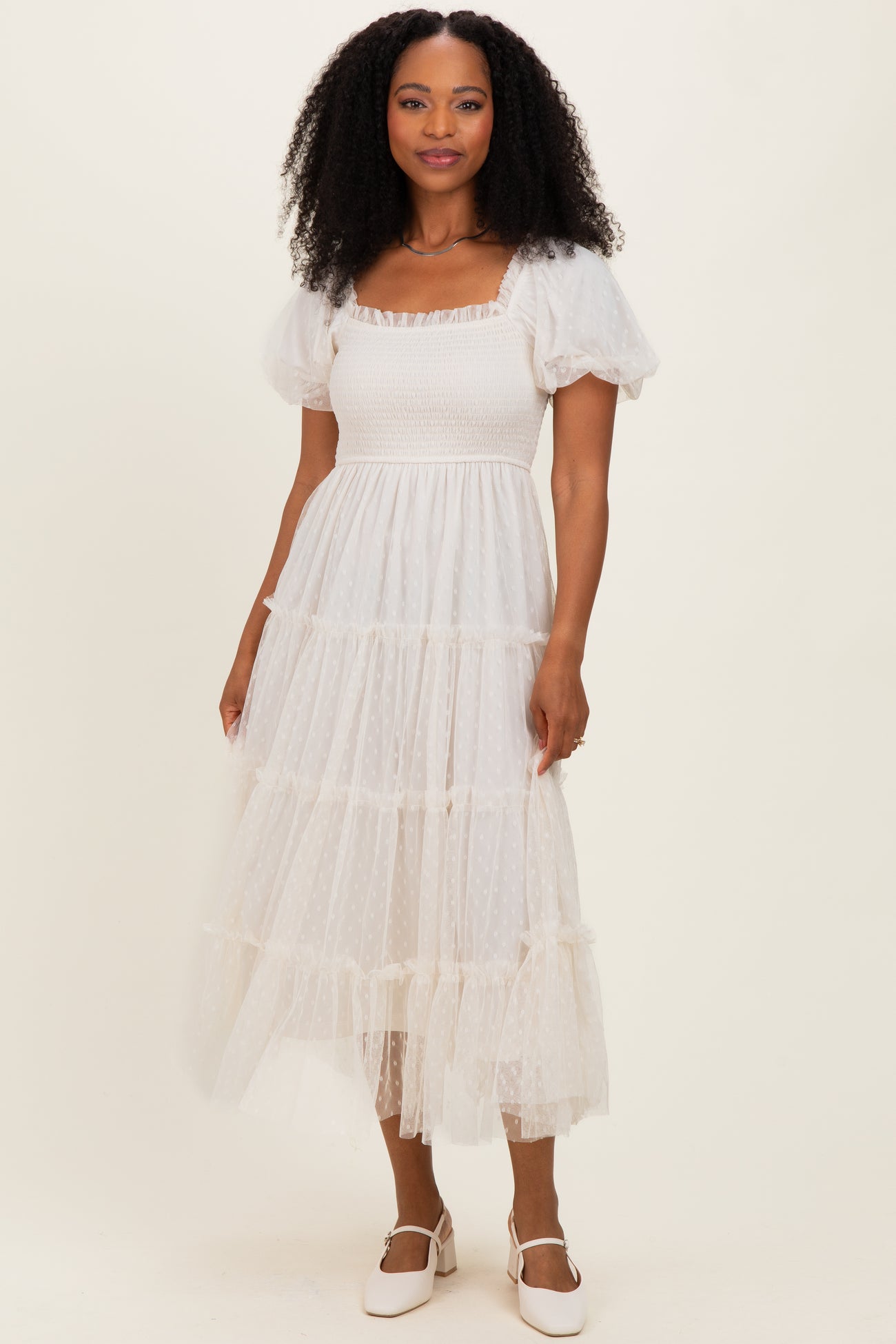 CreamTulle Puff Sleeve Smocked Maternity Midi Dress
