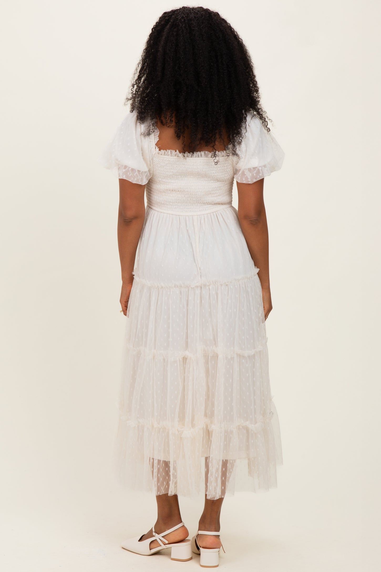 Cream Tulle Tulle Puff Sleeve Smocked Midi Dress