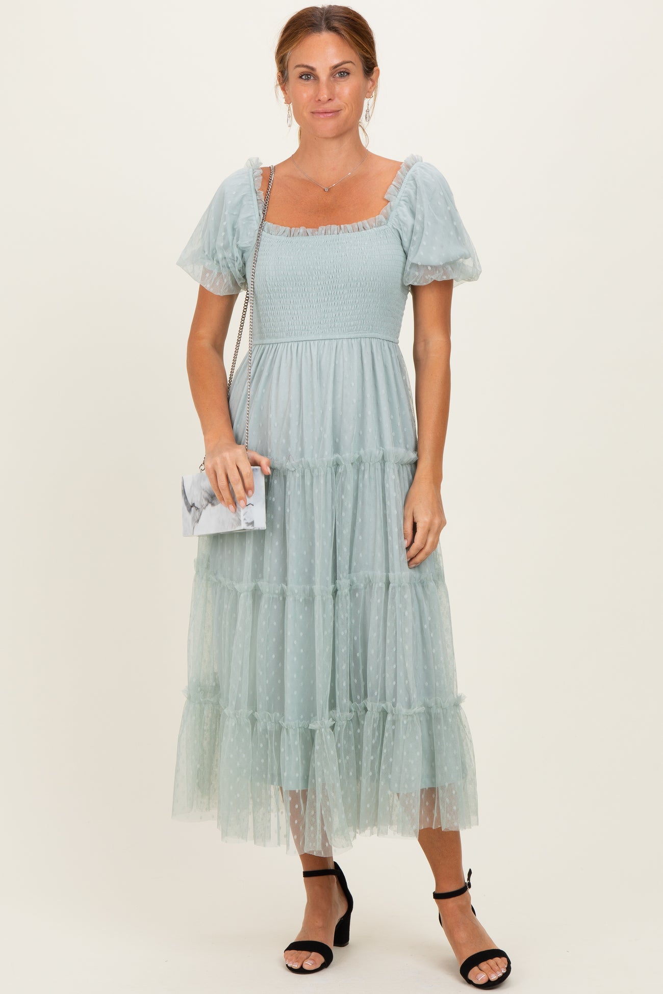 Sage Tulle Puff Sleeve Smocked Maternity Midi Dress