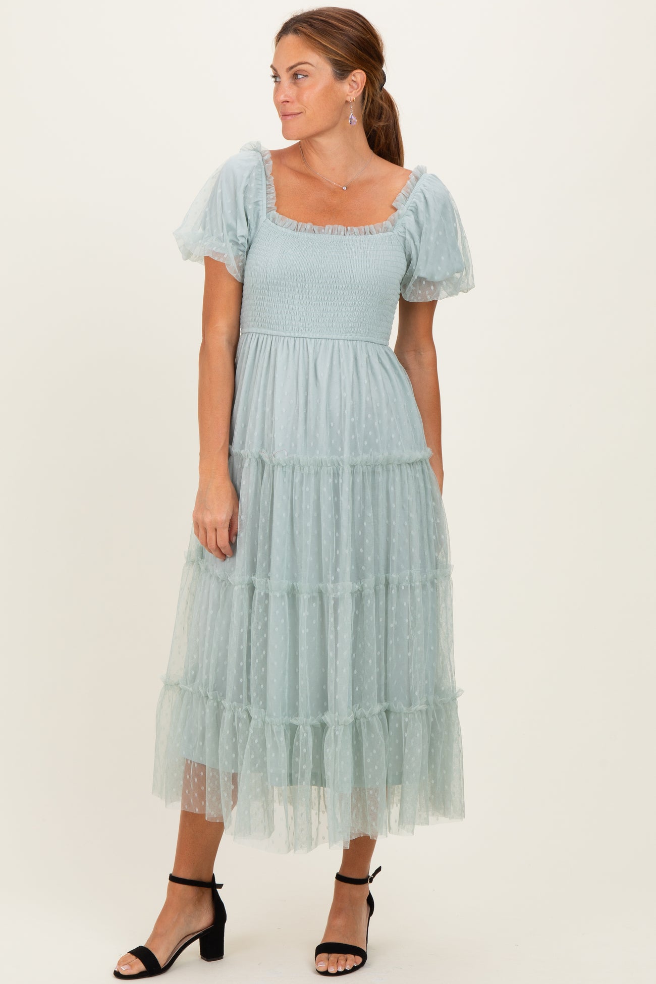 Sage Tulle Tulle Puff Sleeve Smocked Midi Dress