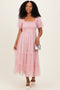 Light Pink Tulle Tulle Puff Sleeve Smocked Midi Dress