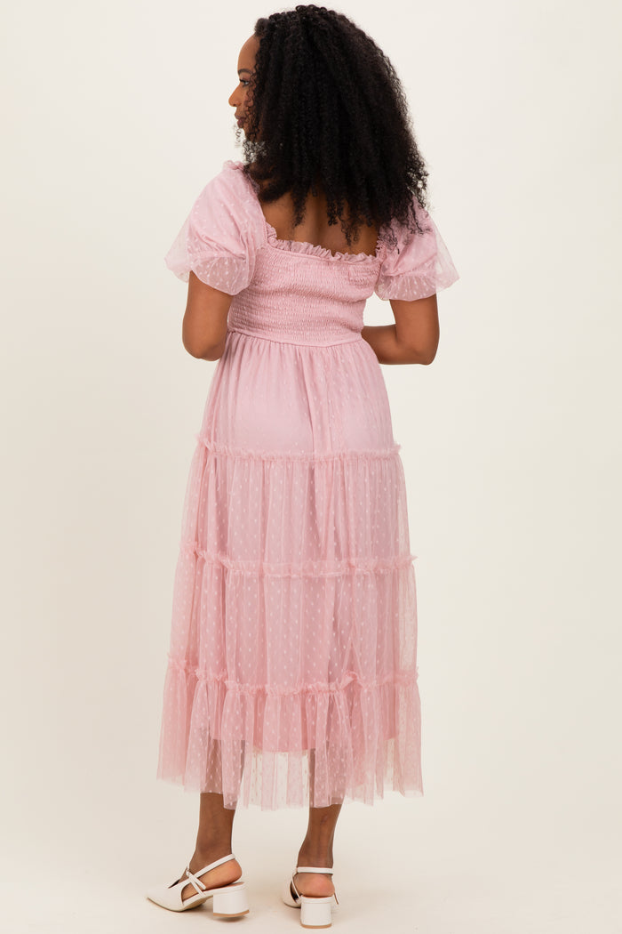 Light Pink Tulle Tulle Puff Sleeve Smocked Midi Dress