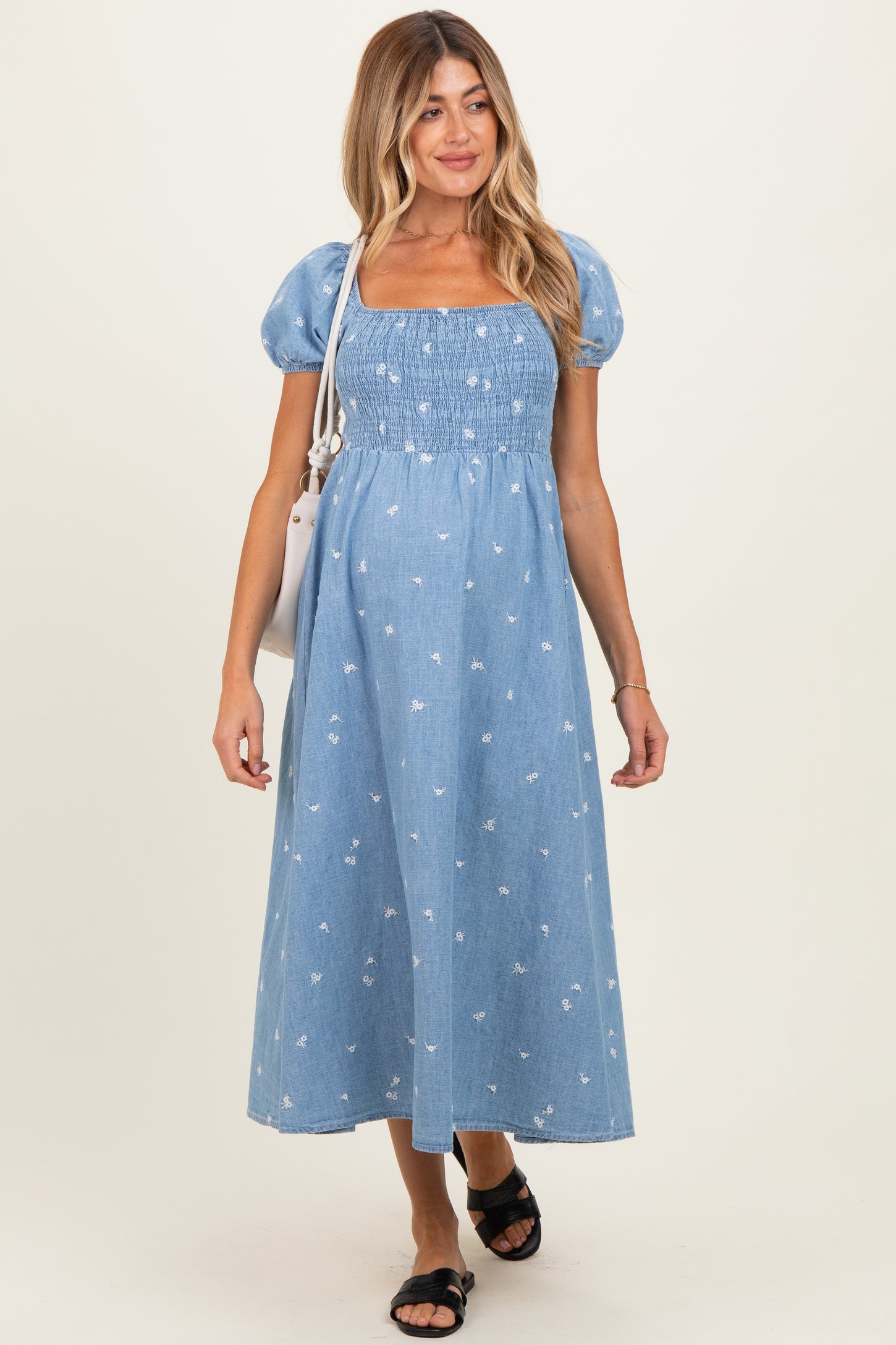 Chambray Embroidered Smocked Maternity Midi Dress
