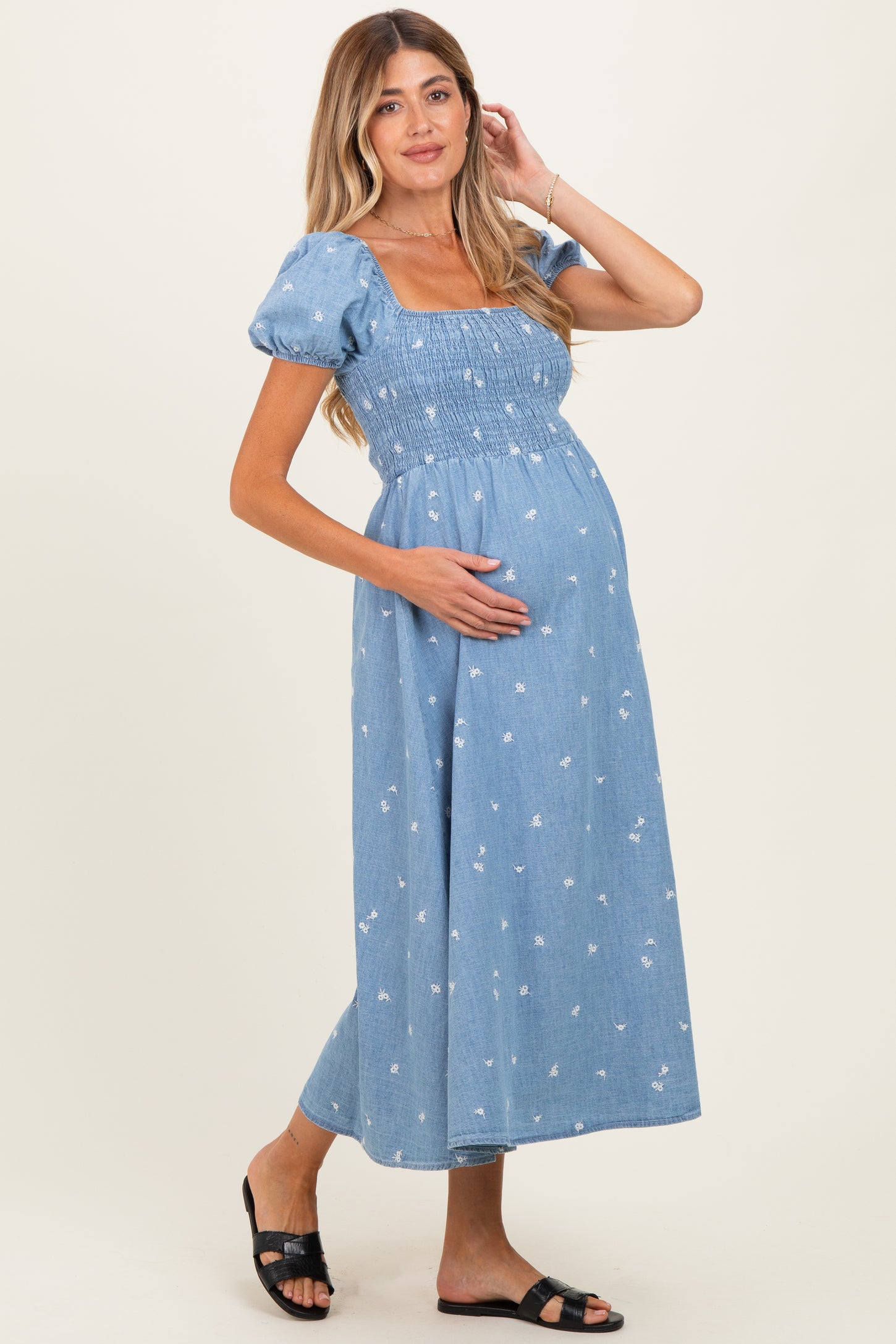 Chambray Embroidered Smocked Maternity Midi Dress
