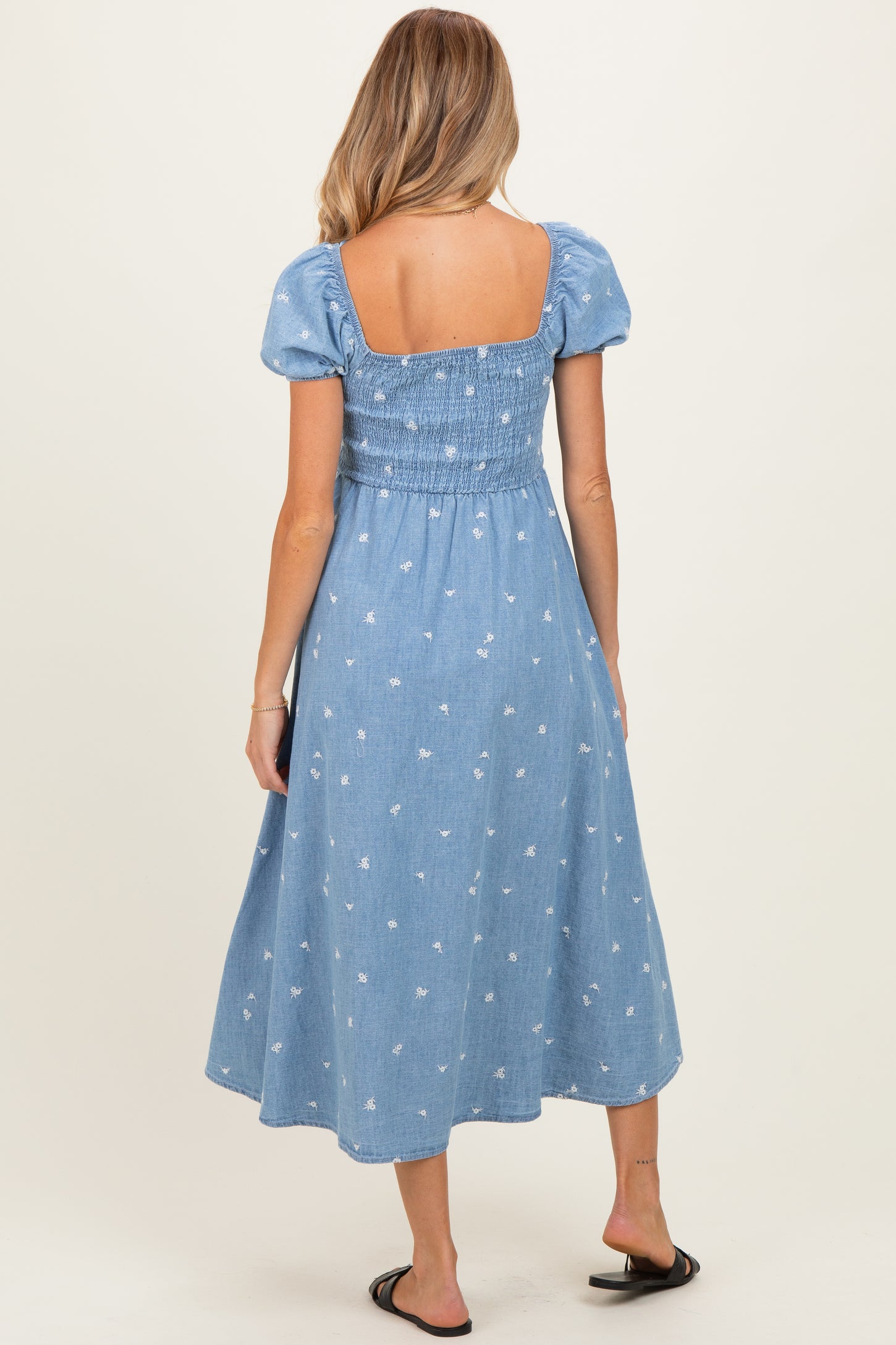 Chambray Embroidered Smocked Maternity Midi Dress