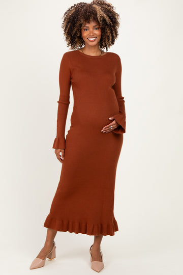 Chestnut Ribbed Knit Bow Back Maternity Maxi Dress