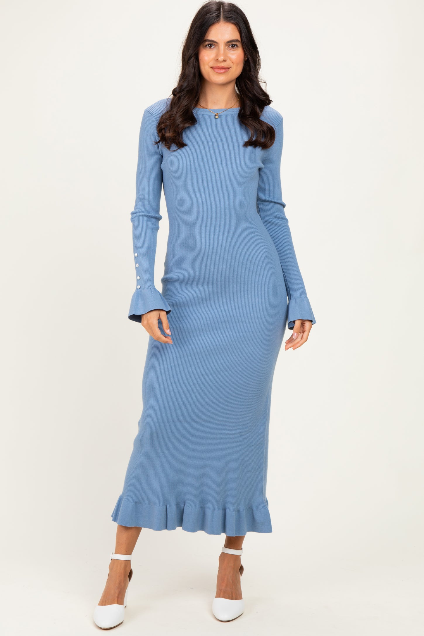 Denim Ribbed Knit Bow Back Maxi Dress