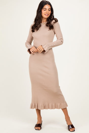 Sand Ribbed Knit Bow Back Maxi Dress