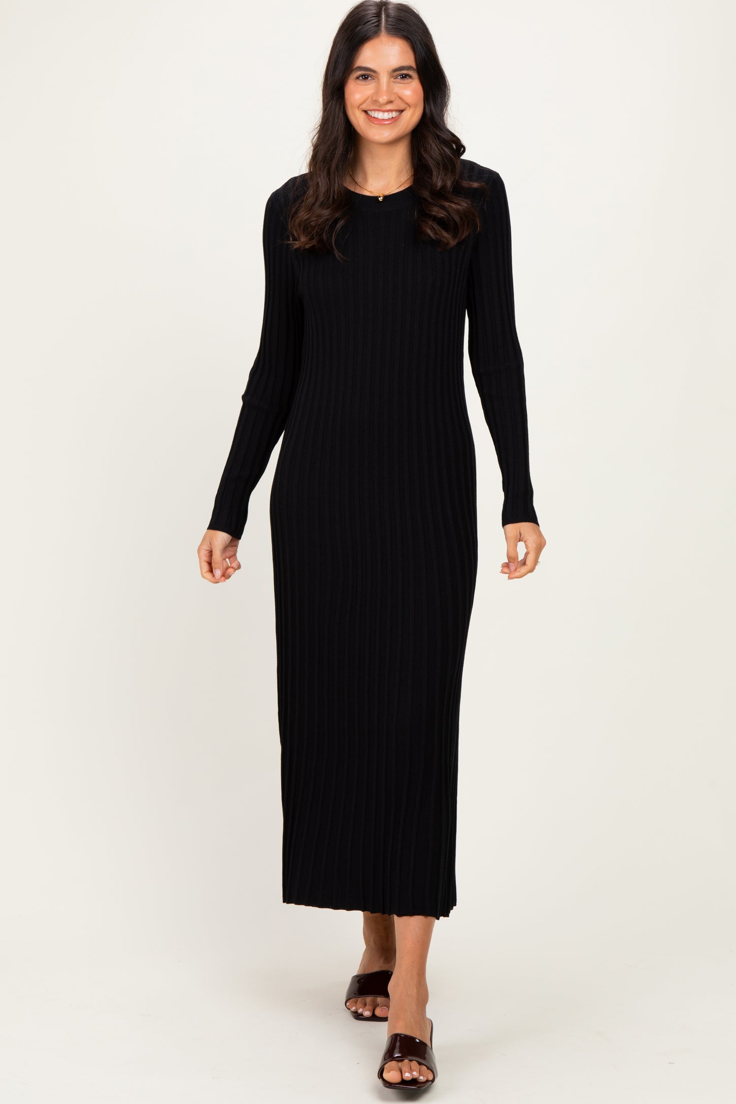 Black Ribbed Long Sleeve Maternity Sweater Midi Dress