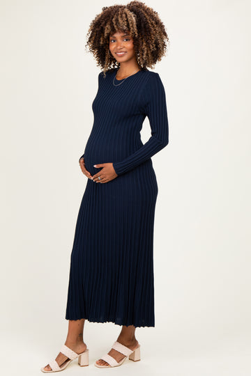 Navy Ribbed Long Sleeve Maternity Sweater Midi Dress